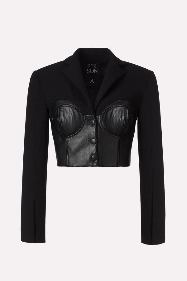 CROPPED JACKET IN VIRGIN WOOL AND LEATHER CORSET