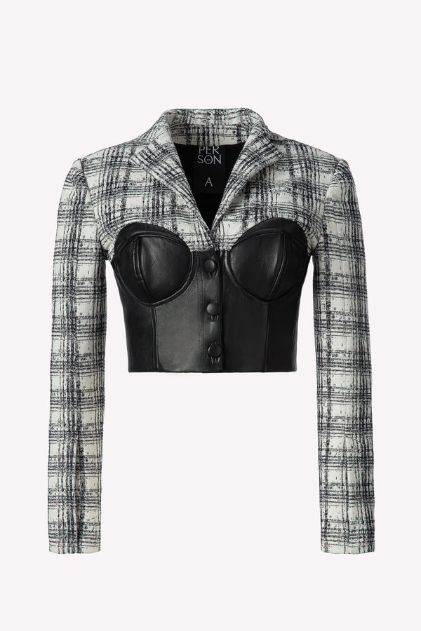 CROPPED JACKET IN CHECKED JACQUARD AND LEATHER CORSET