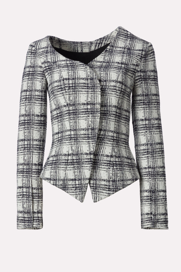 ASYMMETRICAL NECKLINE JACKET IN CHECKED JACQUARD