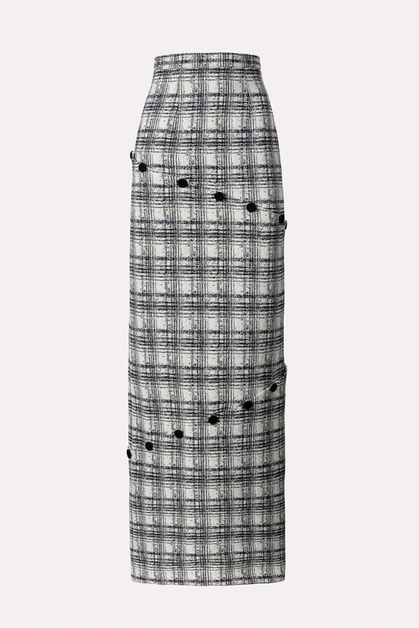 LONG SKIRT WITH ASYMMETRIC CUTS IN CHECKED JACQUARD