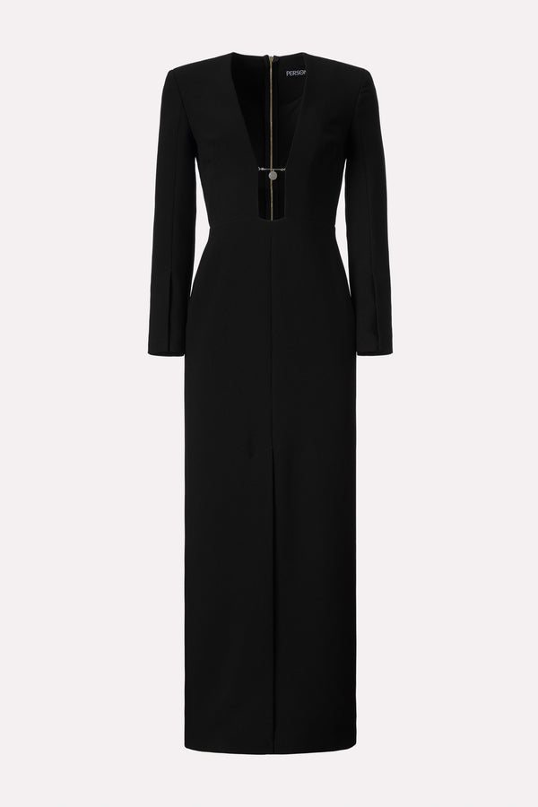 LONG CREPE DRESS WITH DEEP U-NECKLINE AND CHAIN